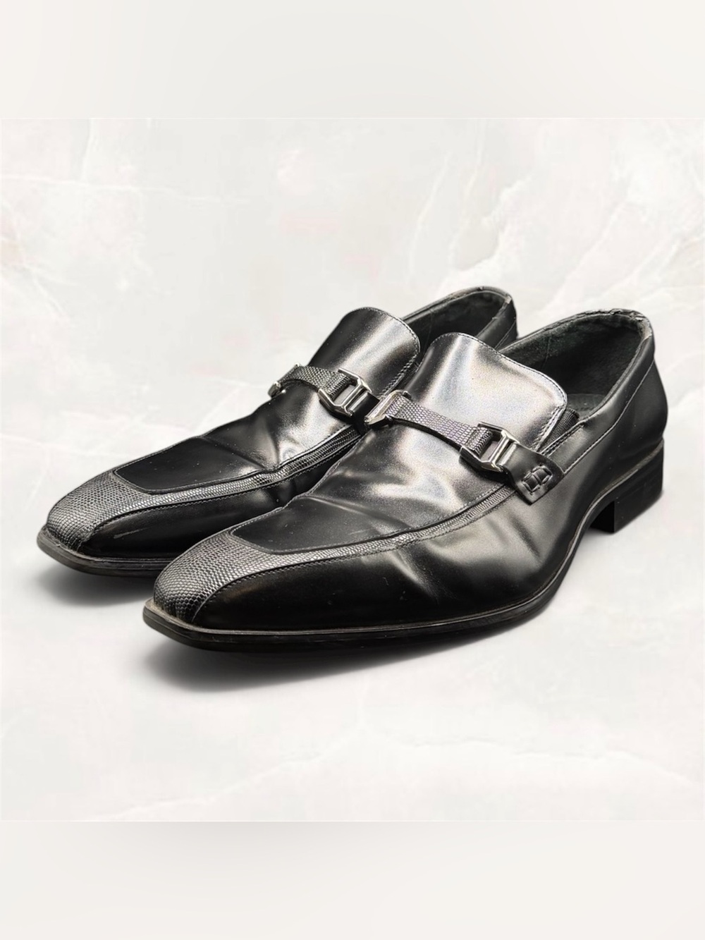 Stacy Adams Men Loafer 10 Black Leather Silver Strap Slip On Formal Business